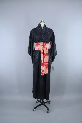 1950s Vintage Kimono Robe in Black & Blue IKAT