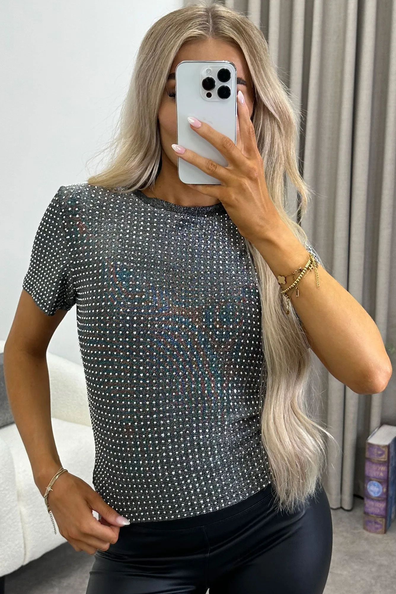 Bernie Silver Studded Short Sleeve Top