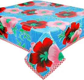 Big Flowers and Stripes on Light Blue Oilcloth Tablecloths