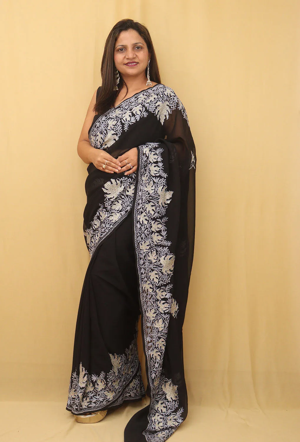 Black Embroidered Kashmiri Aari Work Georgette Saree