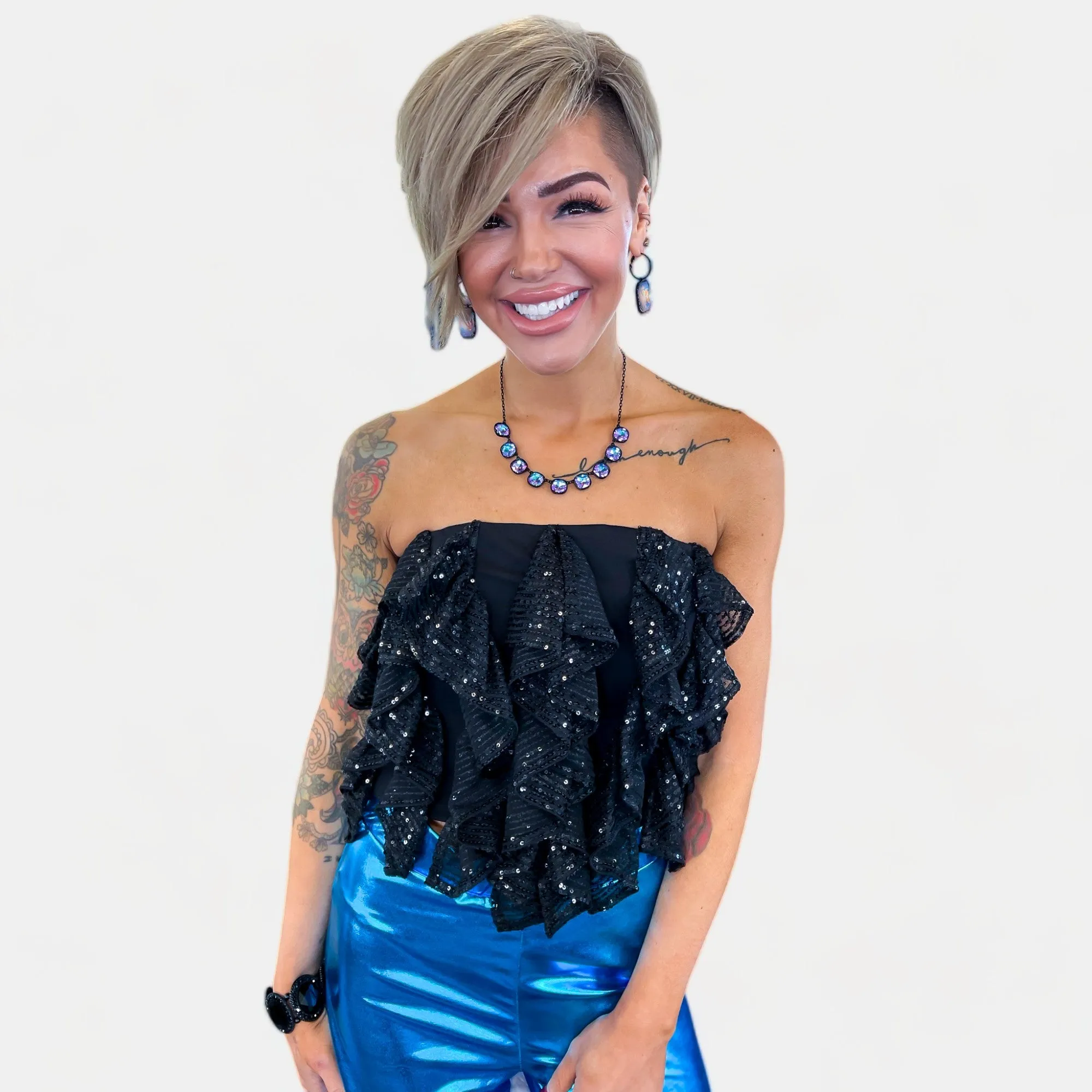 Black Strapless Sequin Ruffle Top