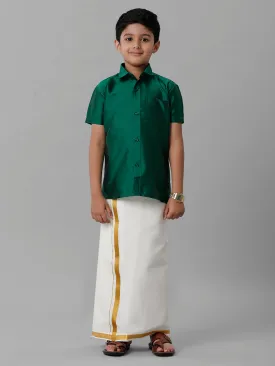 Boys Silk Cotton Green Half Sleeves Shirt with Adjustable Cream Dhoti Combo K9