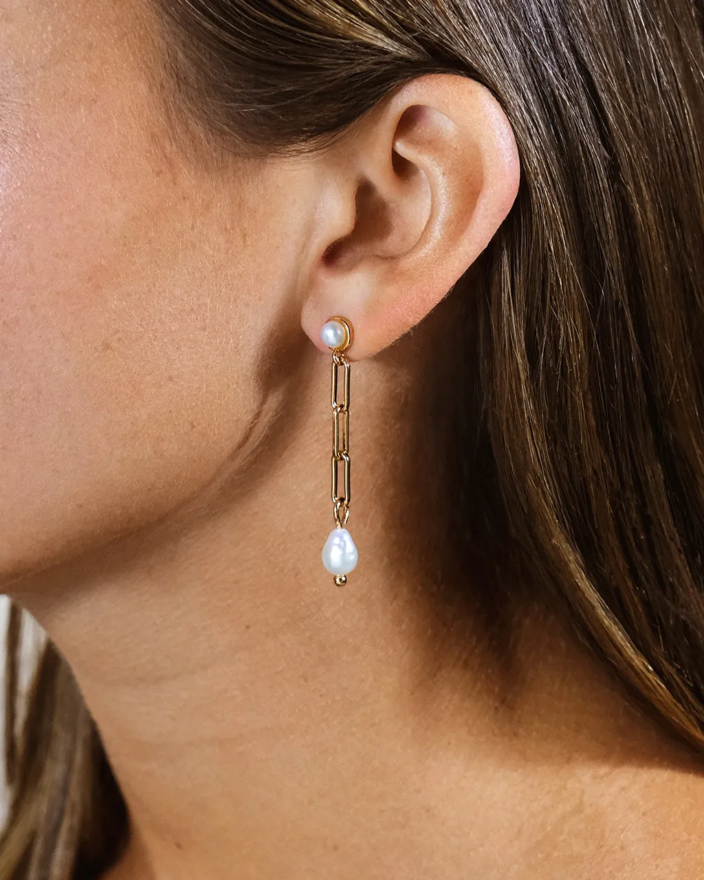 Fayelynn Pearl & Chain Drop Stud Earrings