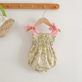 Floral Bloom Romper with Pink Bow Straps