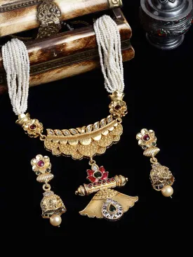 Gold-Plated & White Stone Studded & Beaded Jewellery Set