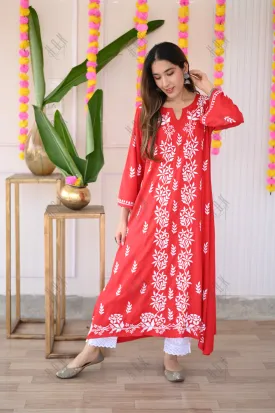 Mahima in Fizaa Rayon Cotton Chikankari Kurta - Red