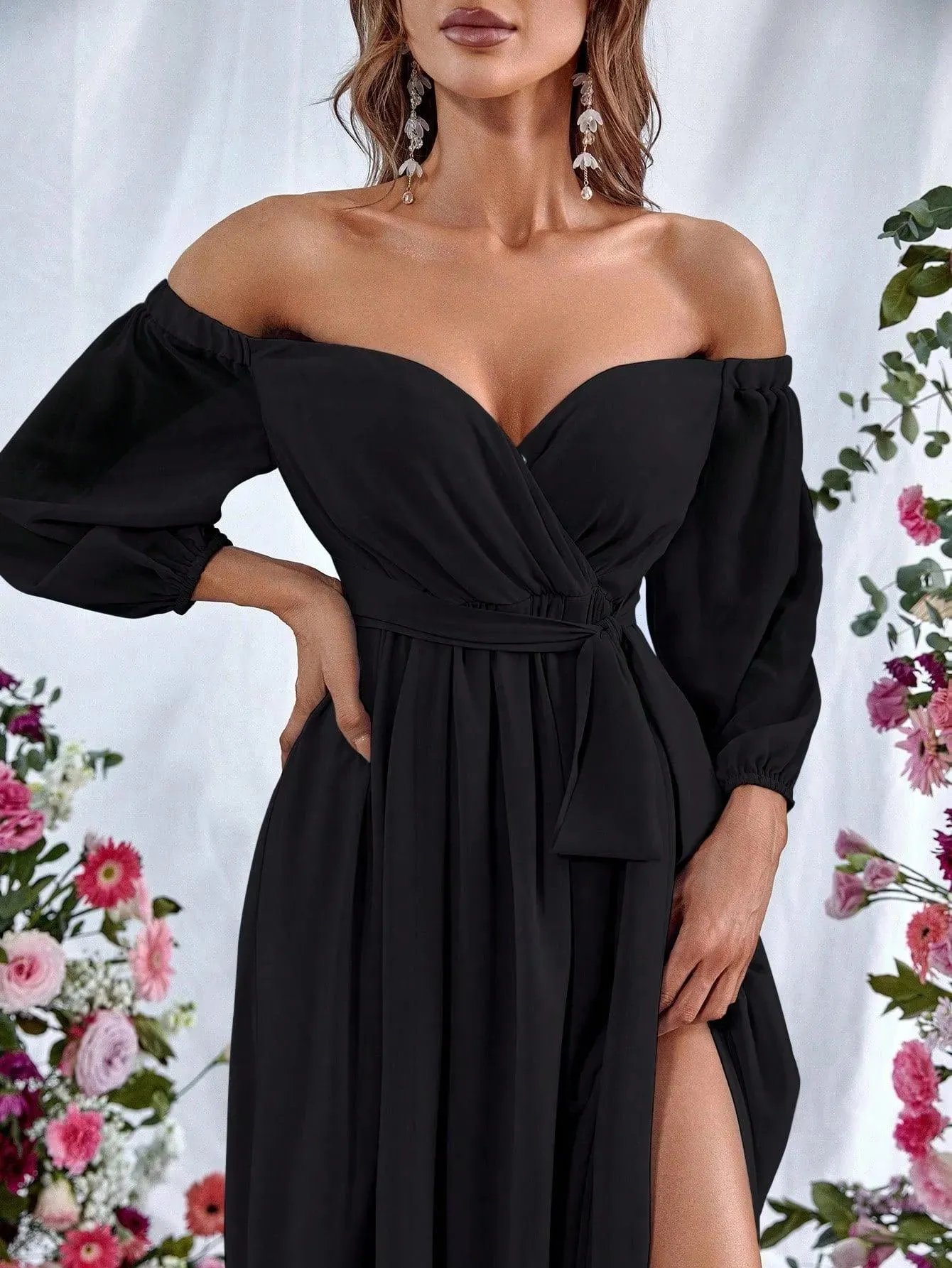 Off Shoulder Split Thigh Belted Chiffon A Line Dress