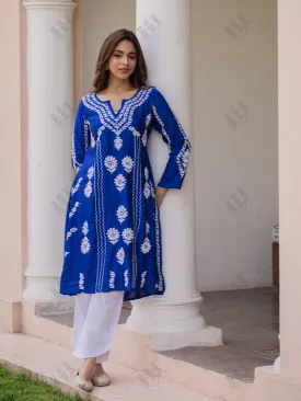 Long Blue Saba Chikankari Kurta in Luxurious Barfi Silk