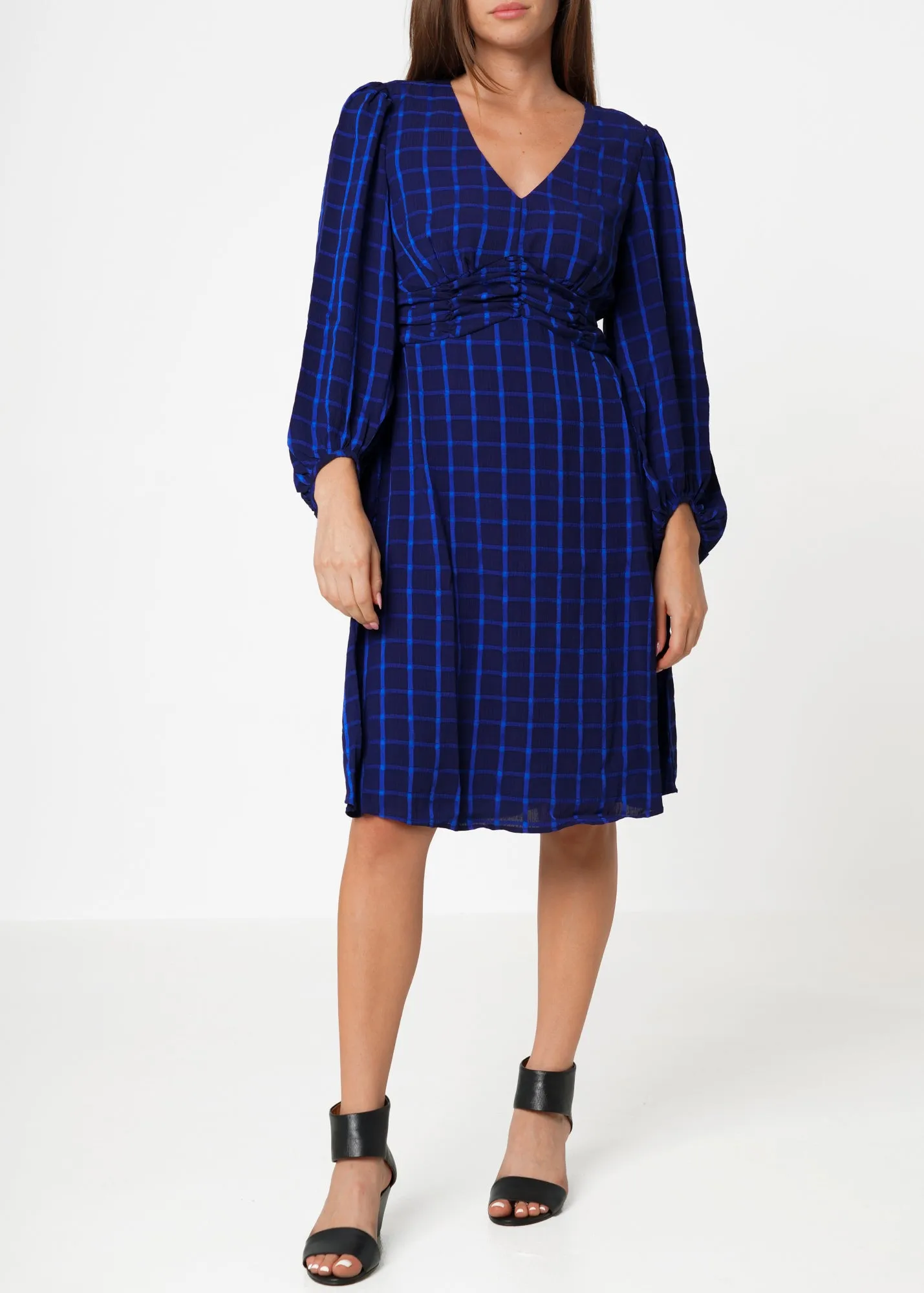 V-neck Checkered Dress in Night Plaid